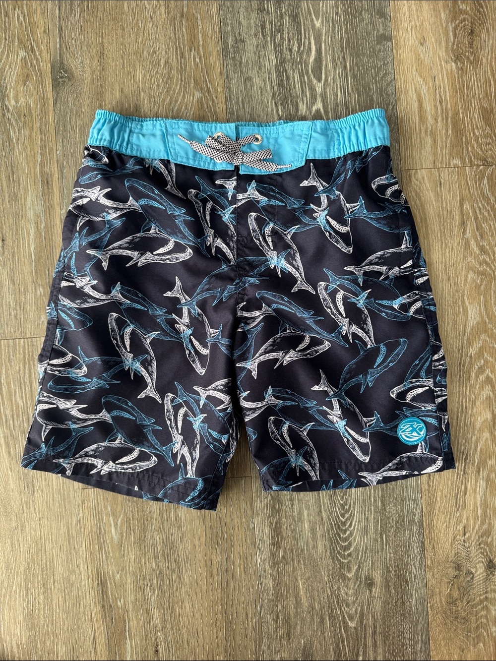 Boys Navy & Aqua Shark Print Swim Trunks
